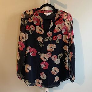 Cabi Navy Pink Floral Long Sleeve V-Neck Blouse